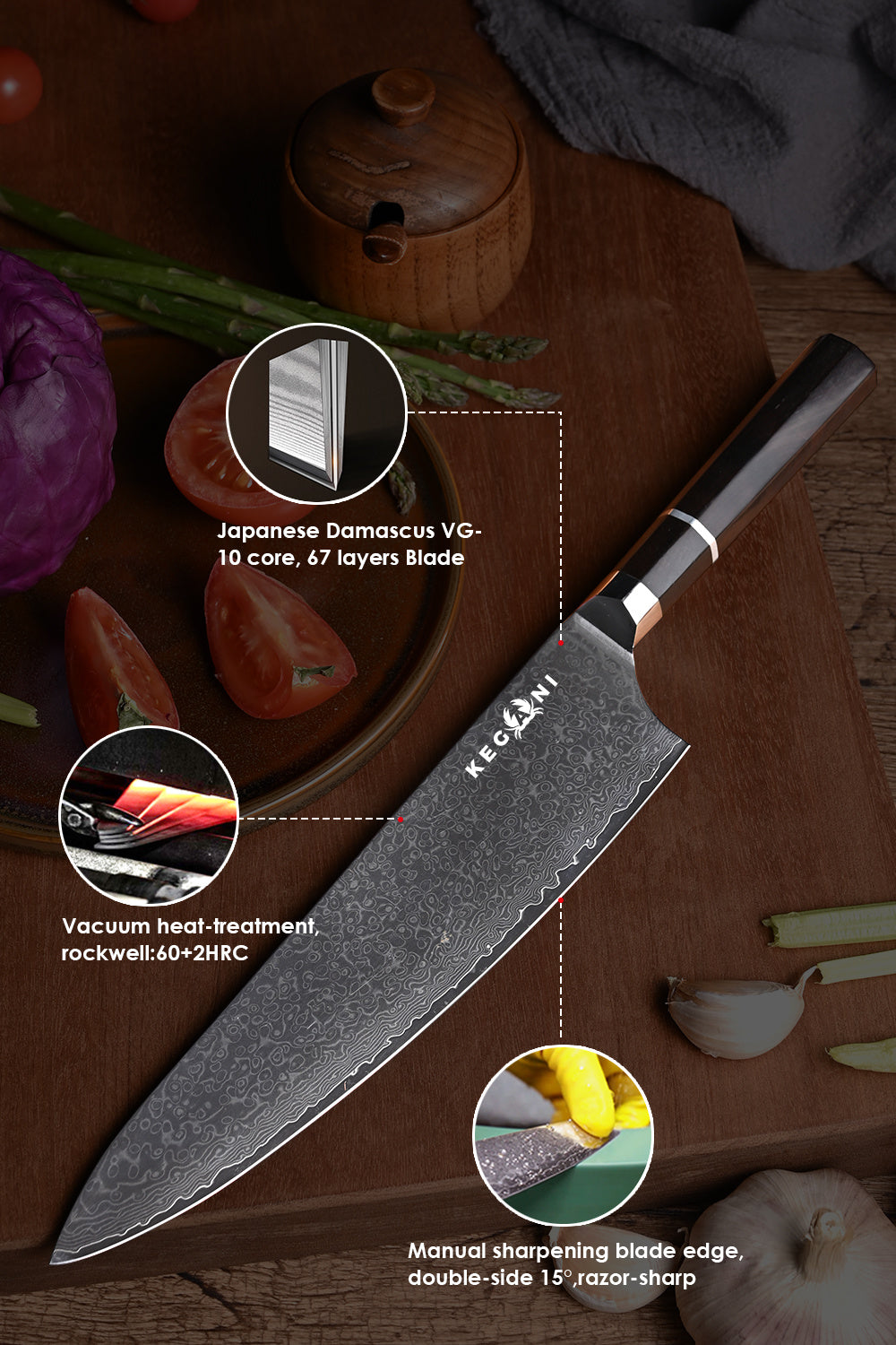 Kegani 8" Premium Kiritsuke Damascus Chef Knife