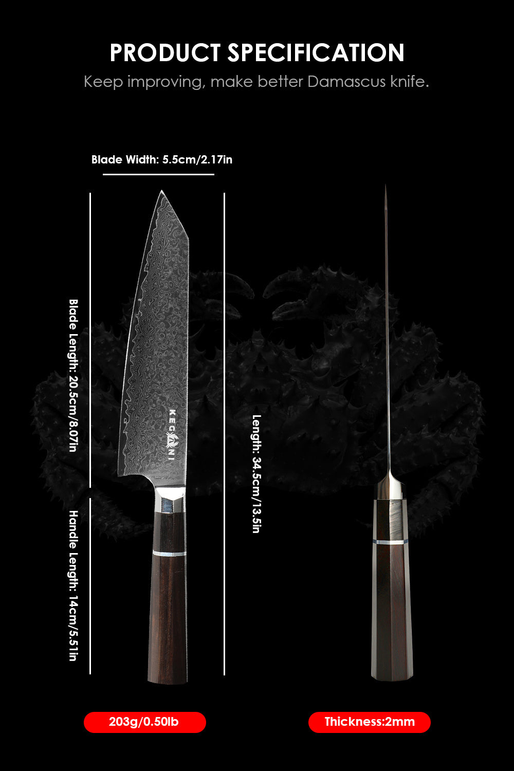 Kegani 8" Premium Kiritsuke Damascus Chef Knife