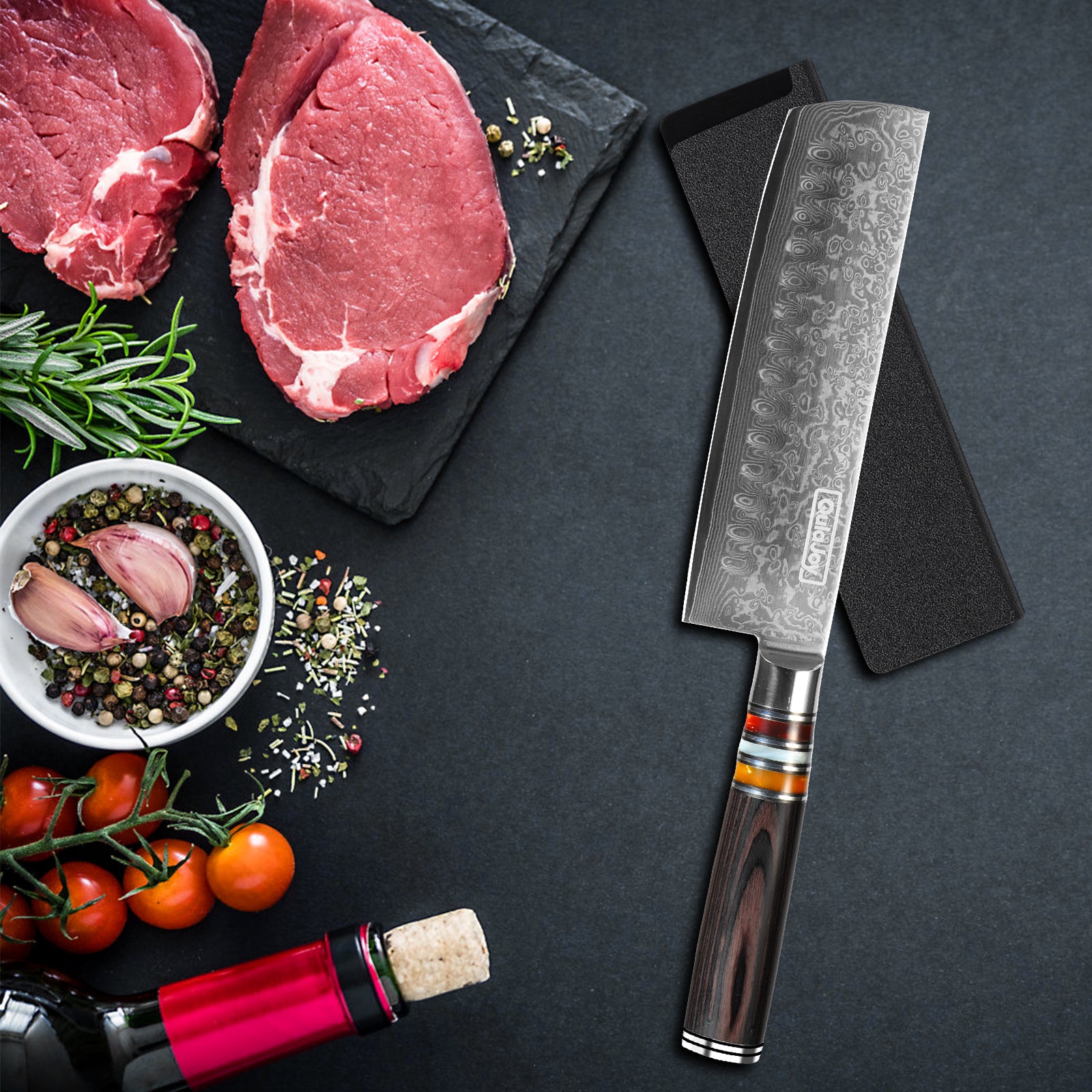Qulajoy 7" Nakiri Chef Knife – Damascus VG-10 Steel, 67 Layers